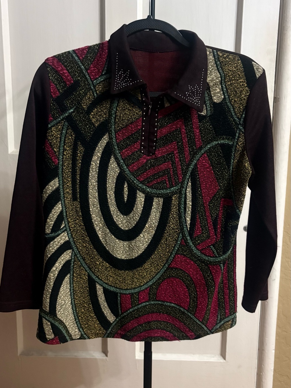 Vintage Abstract Geometric Knit Polo Shirt Rhinestone Collar Brown Multi